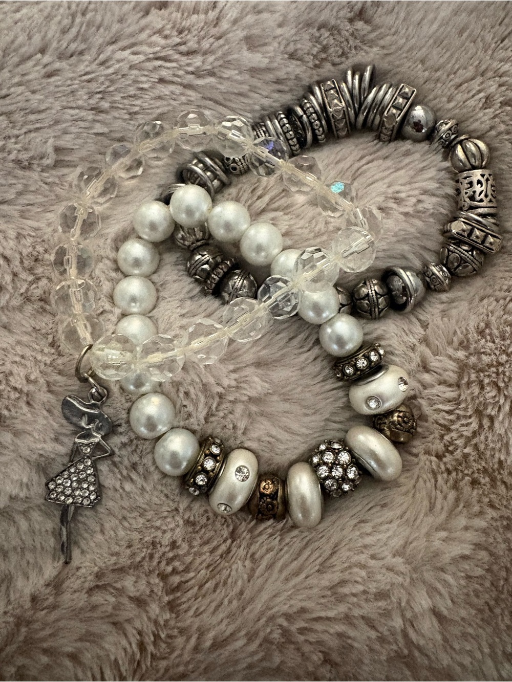 Silver & Pearl Bead Charm Bracelet Set